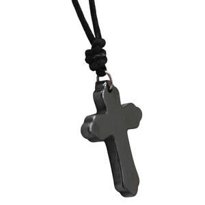 Vintage 1.25" Carved Hematite Cross Necklace • 22 " Black Cord